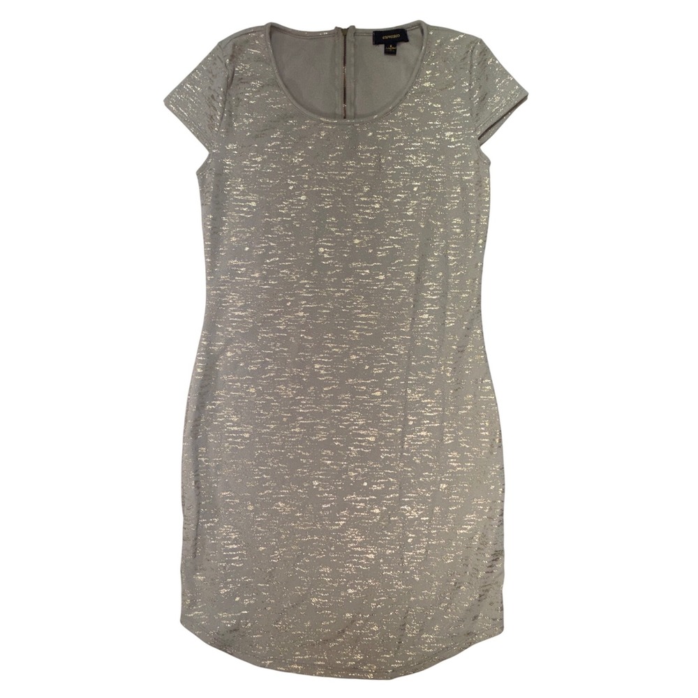 Espresso Womens Gold Metallic Foil Grey Sheath Dress Short Sleeve Size S MD12702